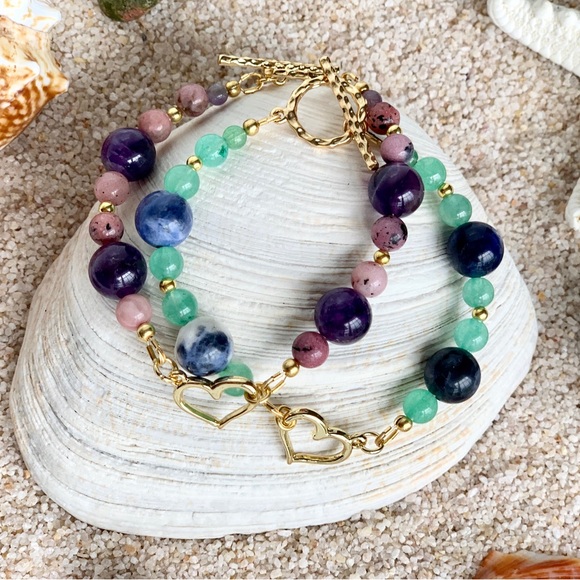 Genuine 14k Gold Plated Heart & Gemstone Bracelet - Keep Your Heart Centered - Picture 2 of 9